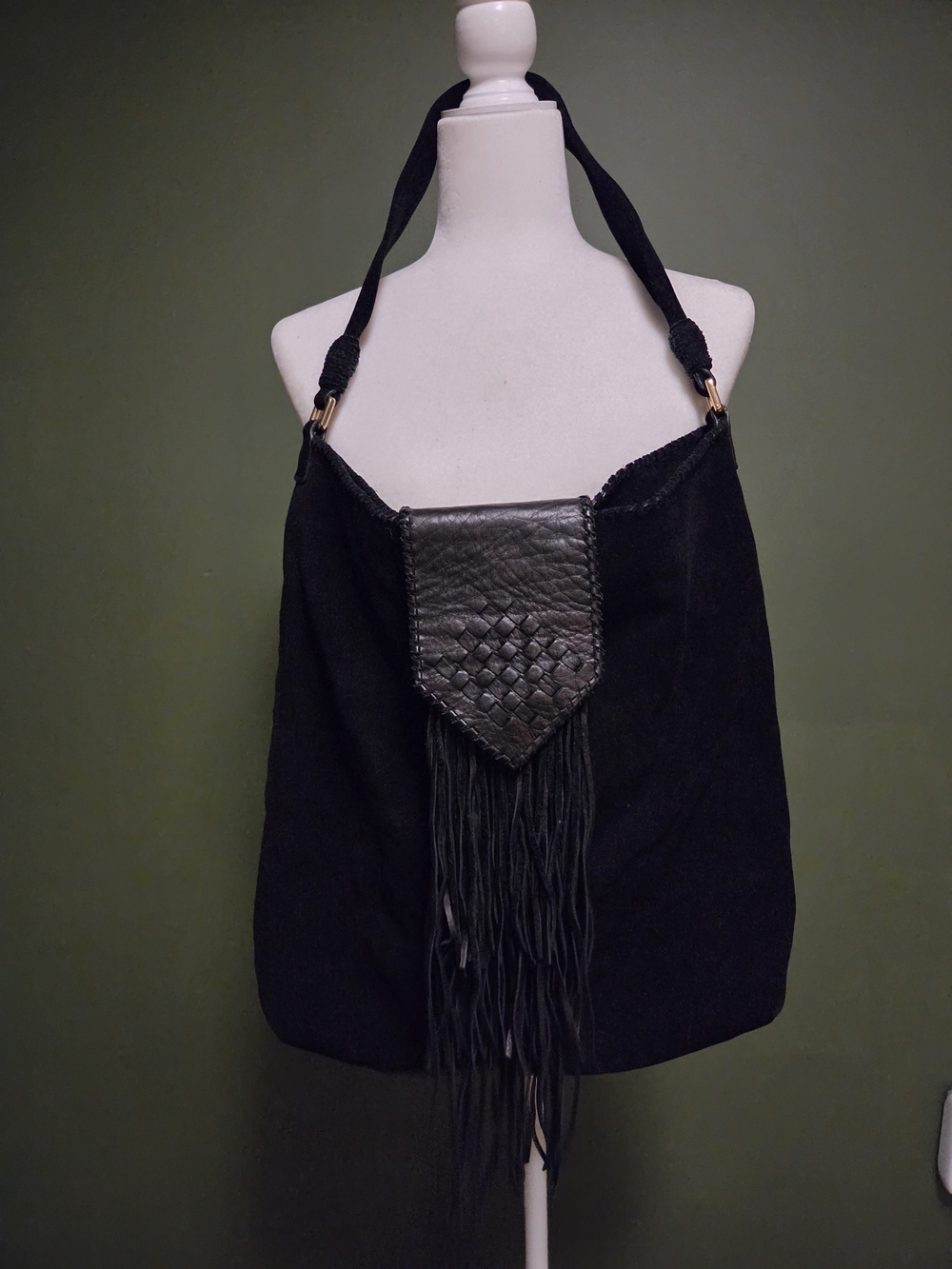 Black Fringe Hobo Bag In Suede & Leather